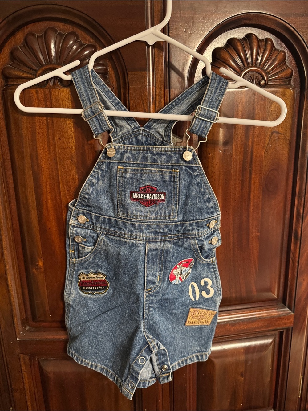 Harley-Davidson Kids Denim Short Overalls with Patches - Blue
